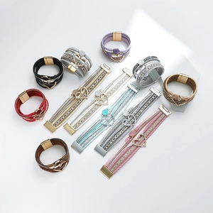 Boheems Meerlagig Leren Armband Voor Dames Goud Zilver Verguld Legering Hol Hart Hanger Strass Nagemaakte Druzysteen Wikkelarmband Sieraden Cadeau