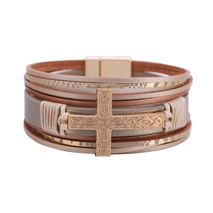 Bohemian multi-layer leather bracelet with gold cross and magnetic metal clasp