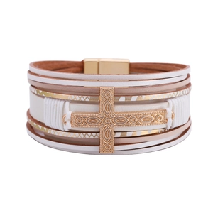 Multilayer leather wrap bracelet with golden vintage cross charm and magnetic clasp closure