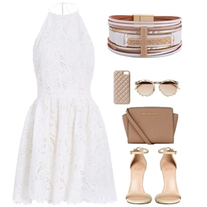 Flat lay of bohemian multi-layer leather cross bracelet with summer fashion outfit
