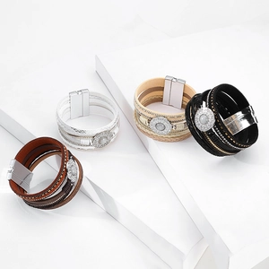 Bohemian multi-layer leather bracelets with crystal stones and magnetic clasp in 4 colors