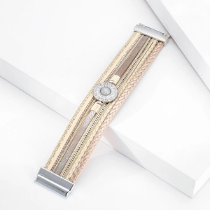 Detail of bohemian multi-layer leather bracelet with crystal stones and magnetic clasp