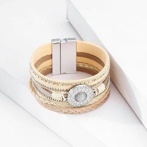 Detail of bohemian multilayer leather bracelet with crystal stone and magnetic clasp