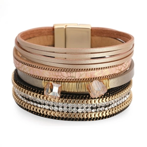 Boheems Meerlaags Leer Wikkelarmband Voor Vrouwen Goud Legering Ingelegde Strass Kunstkristal Magneetsluiting Armband Sieraden