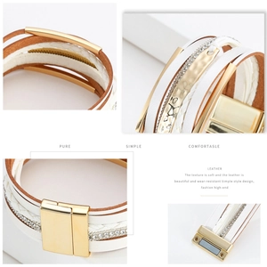 Détail du bracelet multicouche en cuir bohème avec tubes dorés et cristaux