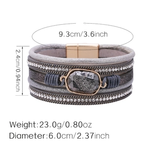 Detailed dimensions of Bohemian multi-layer leather bracelet with crystal and magnetic clasp