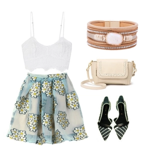 Detail of bohemian multilayer leather bracelet with crystals alongside casual outfit items