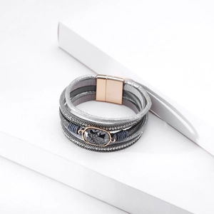 Macro view of Bohemian multilayer grey leather bracelet with crystals and magnetic clasp