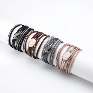 Bohemian multi-layer leather bracelet with rhinestone crystal accents and drusy stone