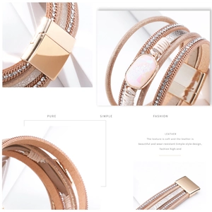 Detail view of multi-layer leather bracelet with sparkling crystals and magnetic clasp