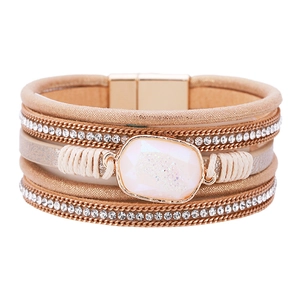 Bohemian Multilayer Leather Wrap Bracelet For Women Ethnic Style Rhinestone Inlaid Faux Druzy Stone Geometric Magnetic Clasp Bracelet