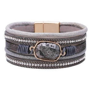 Bohemian multilayer leather wrap bracelet with sparkling crystals and magnetic buckle