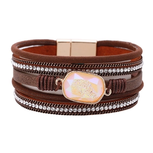 Bohemian multi-layer leather wrap bracelet with crystal studs and magnetic clasp