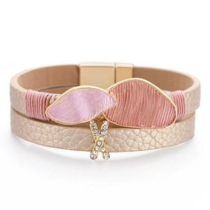 Vintage Multilayer Leather Bracelet For Women With Enamel Leaf Charms Rhinestone X Detail Metal Magnetic Clasp Wrap Jewelry