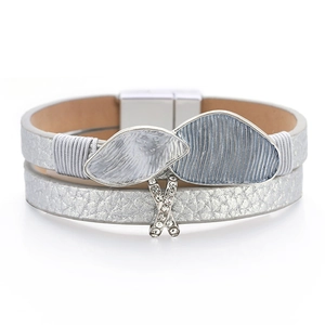 Double-layer leather bracelet with silver magnetic clasp and rhinestone leaf charms