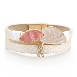 Multi-layer pearl white leather bracelet with gold leaf enamel and rhinestone X charm