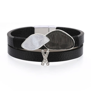 Double-layer black leather bracelet with leaf metal charms and sparkling X-shaped crystals