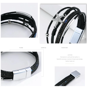Détail du bracelet multicouche en cuir bohème avec pendentif étoile de mer et fermoir aimanté
