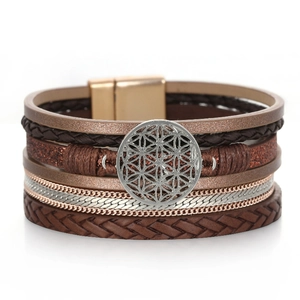 Multilayer bohemian leather wrap bracelet with silver flower of life charm and magnetic clasp