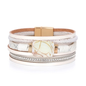 Multilayer leather bracelet with faux pearls, crystals, and gold magnetic clasp for women