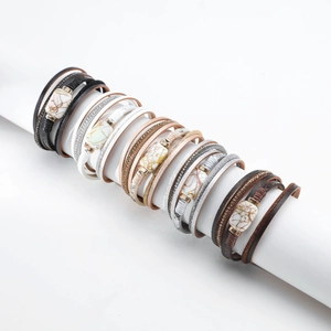Bohemian multi-layer leather wrap bracelet set with marble resin stones and magnetic clasp