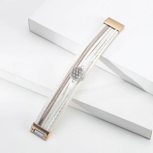 Multi-layer white leather wrap bracelet with silver flower of life charm and magnetic clasp