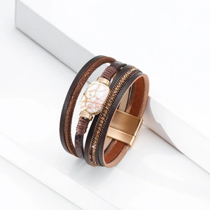 Bohemian multi-layer leather bracelet with pearl plate and magnetic clasp closure