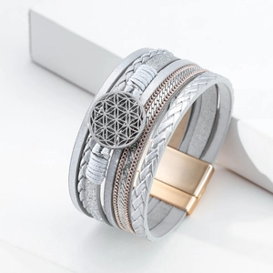 Detail of silver gray multilayer leather wrap bracelet with flower of life charm