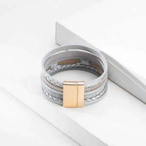 Bohemian multilayer leather bracelet with silver glitter strands and magnetic clasp