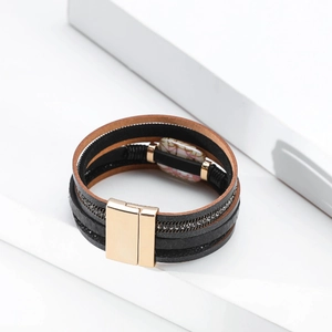 Detail showing Bohemian multilayer leather bracelet with sparkling crystals and magnetic clasp