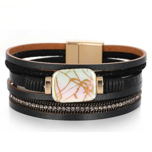 Bohemian Multilayer Leather Bracelet For Women Fashion Magnetic Clasp Alloy Rhinestone Marble Pattern Wrap Wristband