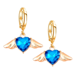 Goldene Herzohrringe mit Engelsflügeln und königsblauen Kristallen für Damen