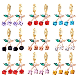 Sweet Alloy Cherry Drop Earrings With Colorful Rhinestone Crystal Fruit Shape Huggie Hoop Earrings For Women Jewelry Gift