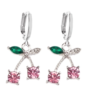 Close-up of cherry earrings with pink crystal rhinestones and green marquise leaf accents