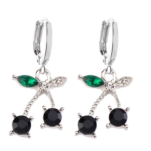 Elegant cherry earrings featuring black rhinestones and green marquise crystal leaves