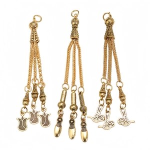 Three-piece gold alloy tassel pendants with vintage Ottoman and floral charms for prayer beads