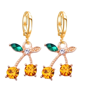 Chic golden cherry hoop earrings with orange gems and emerald green leaf crystal accents