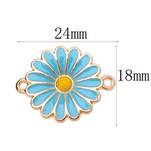 Blue enamel daisy charm pendant in alloy with double loop connectors for DIY jewelry making