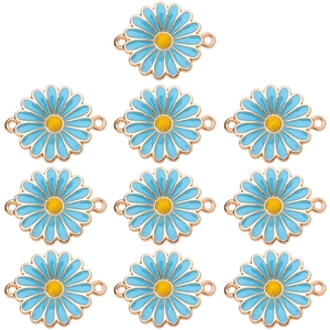 Set of ten light blue enamel daisy connectors with gold alloy borders for DIY jewelry making
