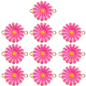 Detailed view of ten pink daisy enamel charms with dual hanging loops for DIY jewelry making