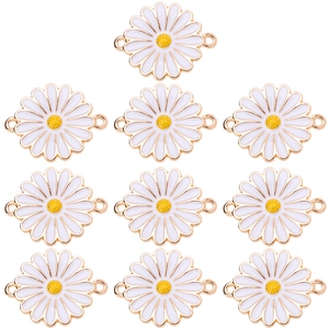 Set of 10 daisy flower connector charms with white enamel and golden alloy for DIY necklaces