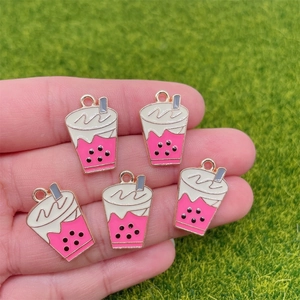 DIY enamel bubble tea charms with pink cups and gold plating for jewelry making