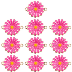 Ten-piece set of pink daisy flower charms with enamel finish and gold connection rings
