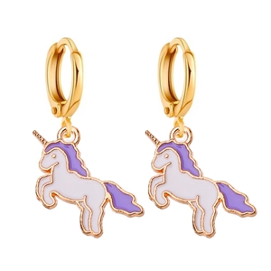 Orecchini a cerchio con ciondolo unicorno colorato e smalto viola per donna