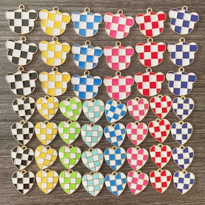 Colorful checkered heart and bear oil drip charms set for DIY jewelry making