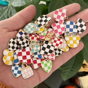 Checkerboard oil-drop heart and bear charms for DIY jewelry making in various colors
