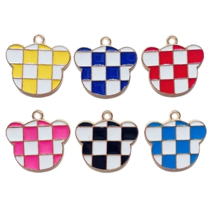Set of 6 checkered heart bear pendants in vibrant oil-drip colors with gold metal loops