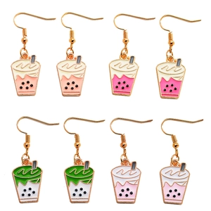 Boucles d'Oreilles Pendantes en Alliage Émail Tasse de Thé au Lait pour Femmes Filles Bijoux Créatifs Forme de Boisson