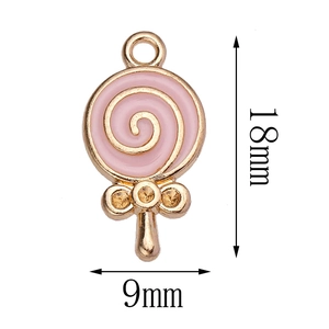 Pink enamel lollipop pendant in gold finish with dimensions of 18mm by 9mm