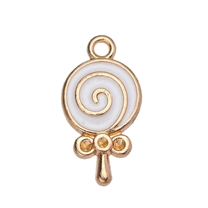 Detailed close-up of a lollipop charm with white enamel swirl and gold alloy finish